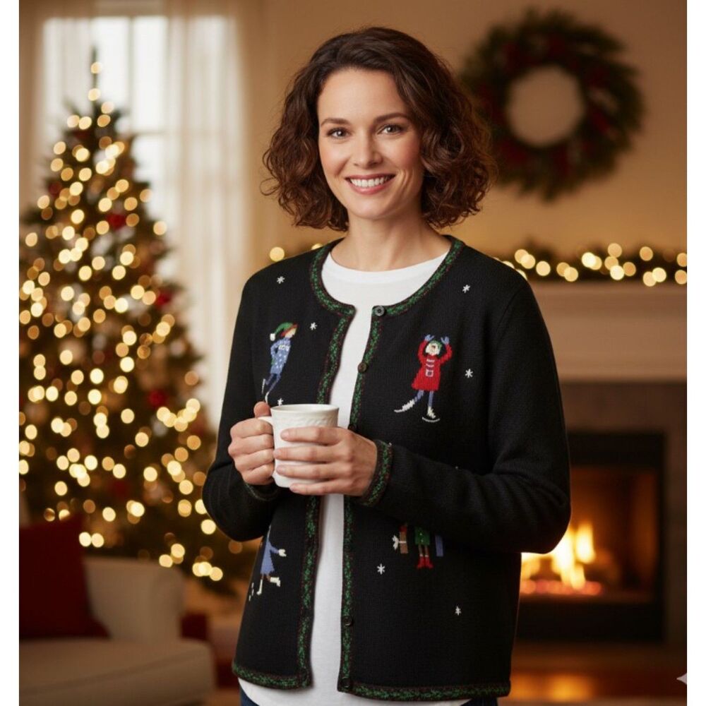 Appleseeds Christmas Cardigan Ice Skater Embroidered Black Womens M